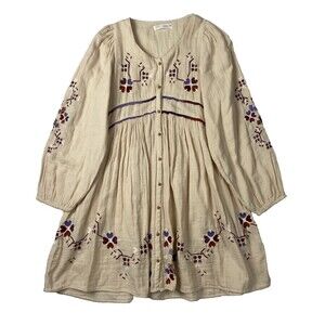 Zara Dress Girls 13-14 164 Cream Embroidered Boho Long Sleeve Cotton Gauze